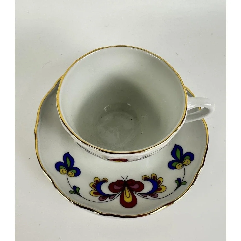 Porsgrund Farmer's Rose Demitasse Cup & Saucer Norway Porcelain Gold Trim